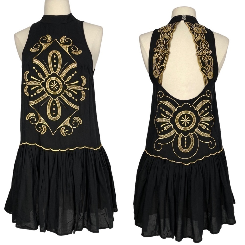 MORRISDAY Black & Gold High Neck Drop Waist Dress Small